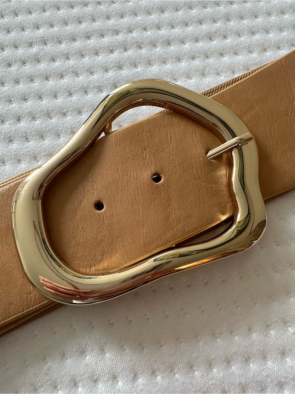 Wide Tan Leather Belt with Gold Irregular Buckle - Women Accessories
